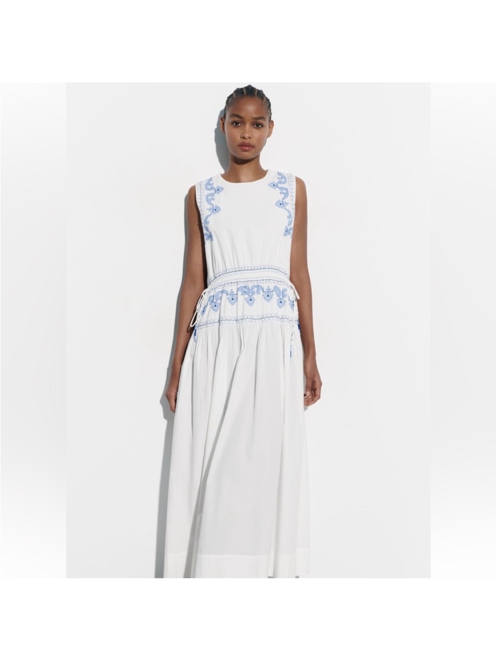 Zara Embroidered Midi Maxi Dress White Blue Cotton Embellished Boho S Small - Picture 6 of 15